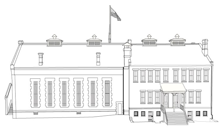 Second jail and courthouse Line drawing of the second jail and courthouse