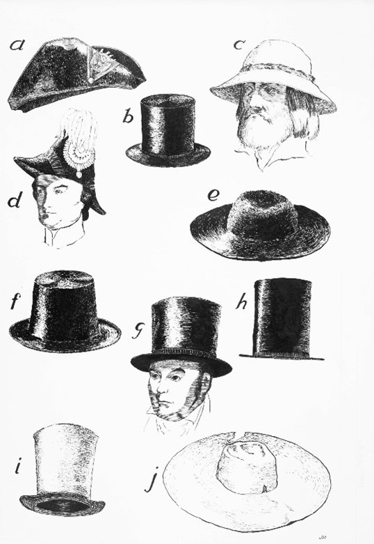 Line drawings of men wearing hats