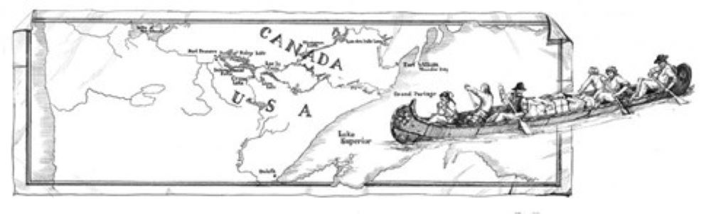 Line drawing of voyageurs over a map