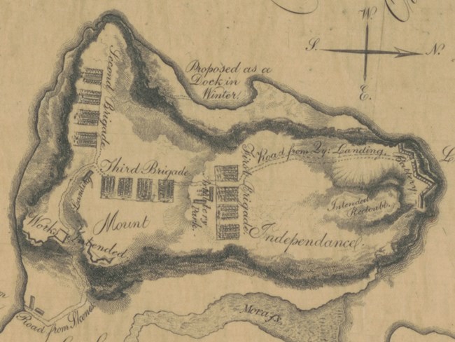 Map of island in river with military fortifications