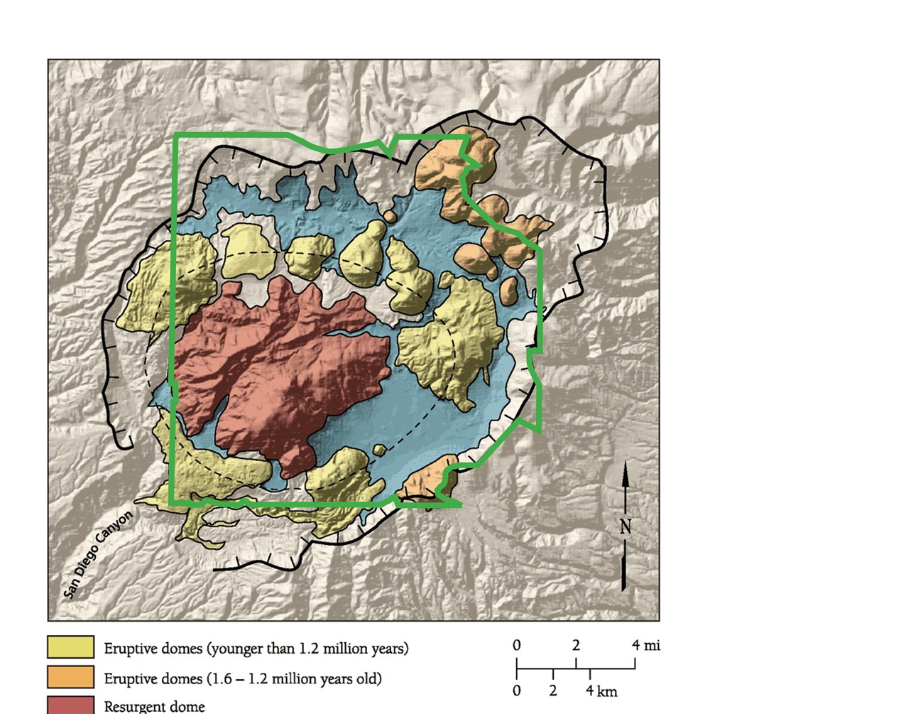 map of a volcanic crater with shaded relief and colored volcanic features and a park boundary line for valles caldera national monument