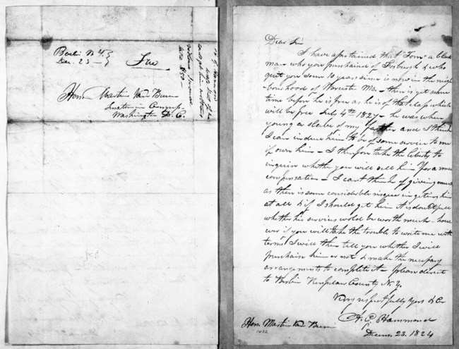 Image of a letter received by Martin Van Buren and his short-handed reply.