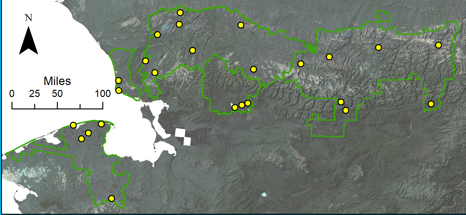 lt= Locations of ARCN permanent vegetation monitoring. Each location has a lake or flat open area to land an airplane on, a good campsite, and between 10 and 30 plots accessible on foot.