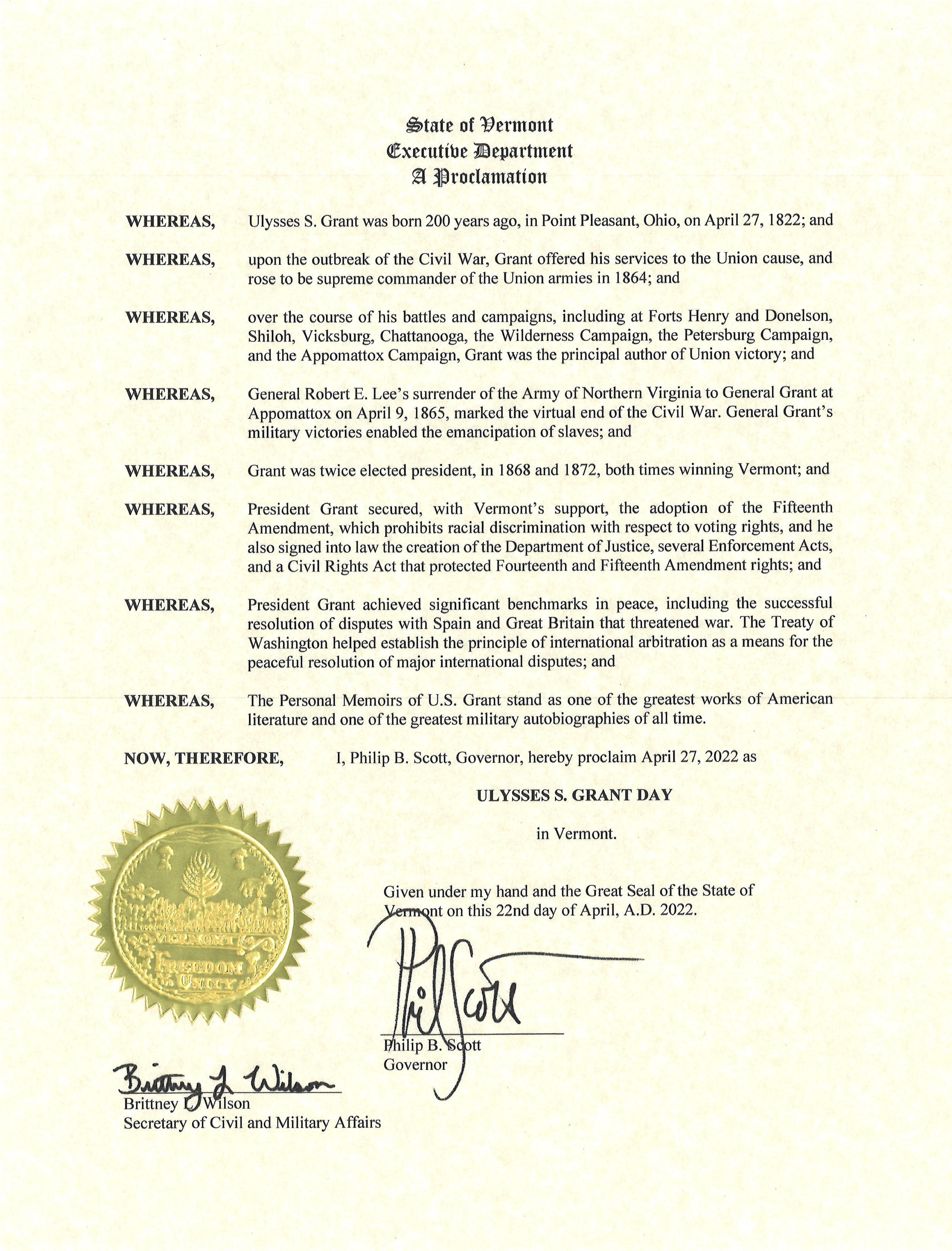 Document declaring April 27th 2022 Ulysses S Grant Day in Vermont. The state seal is affixed in gold on the bottom left