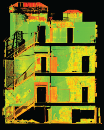 Vertical Scan Color image of a point cloud showing a section through a stairwell showing how floors relate to each other.
