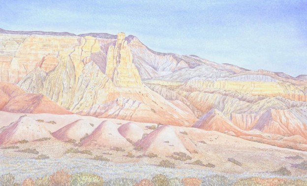 A watercolor painting of pink, orange, and yellow badlands under a blue sky.