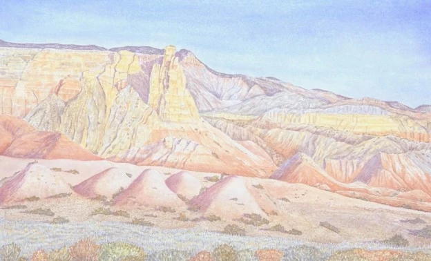 View from Monastery Road, Abiquiu, NM, watercolor A watercolor painting of pink, orange, and yellow badlands under a blue sky.