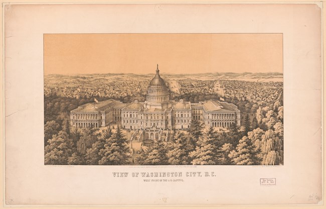 View of Washington D.C. West Front of Capitol - LOC Black and white Drawing of U.S. Capitol surrounded by trees and walkways.