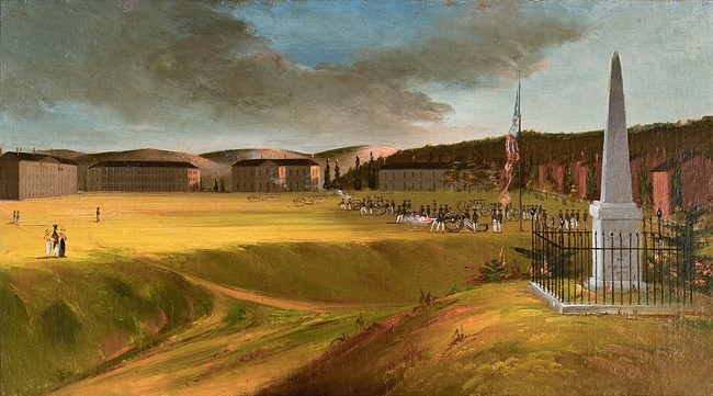 "View of West Point" George Catlin 1827 rolling green hills with U.S. flag and stone monument in foreground.