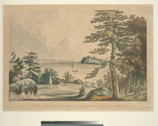 A pastoral hill overlooking a river, illustration.