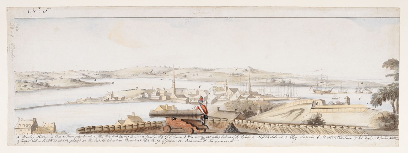 British soldier and cannon in foreground overlooking Boston and surrounding hills and islands, including Noddles Island