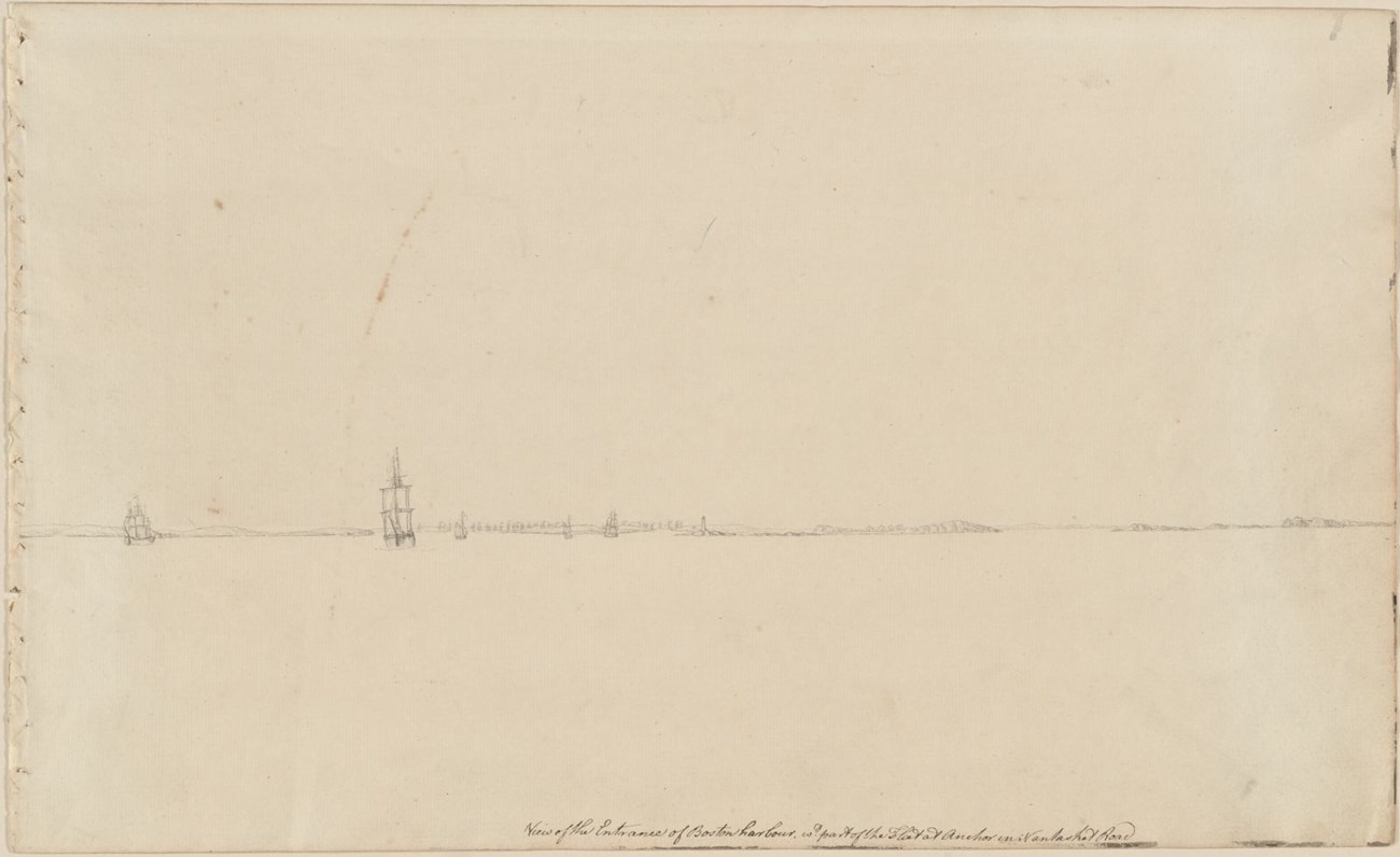 Etching of ships in boston harbor