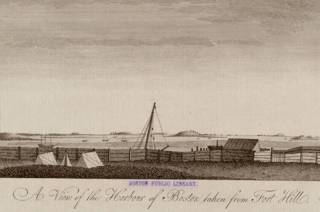 etching of Boston Harbor from fortified siege lines. Ships and islands are in the harbor.