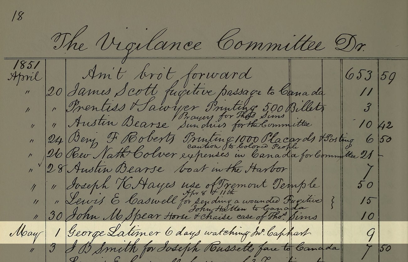 Close up of a page of the Vigilance Committee records. Includes names, dates, and amount paid. The George Latimer entry is highlighted