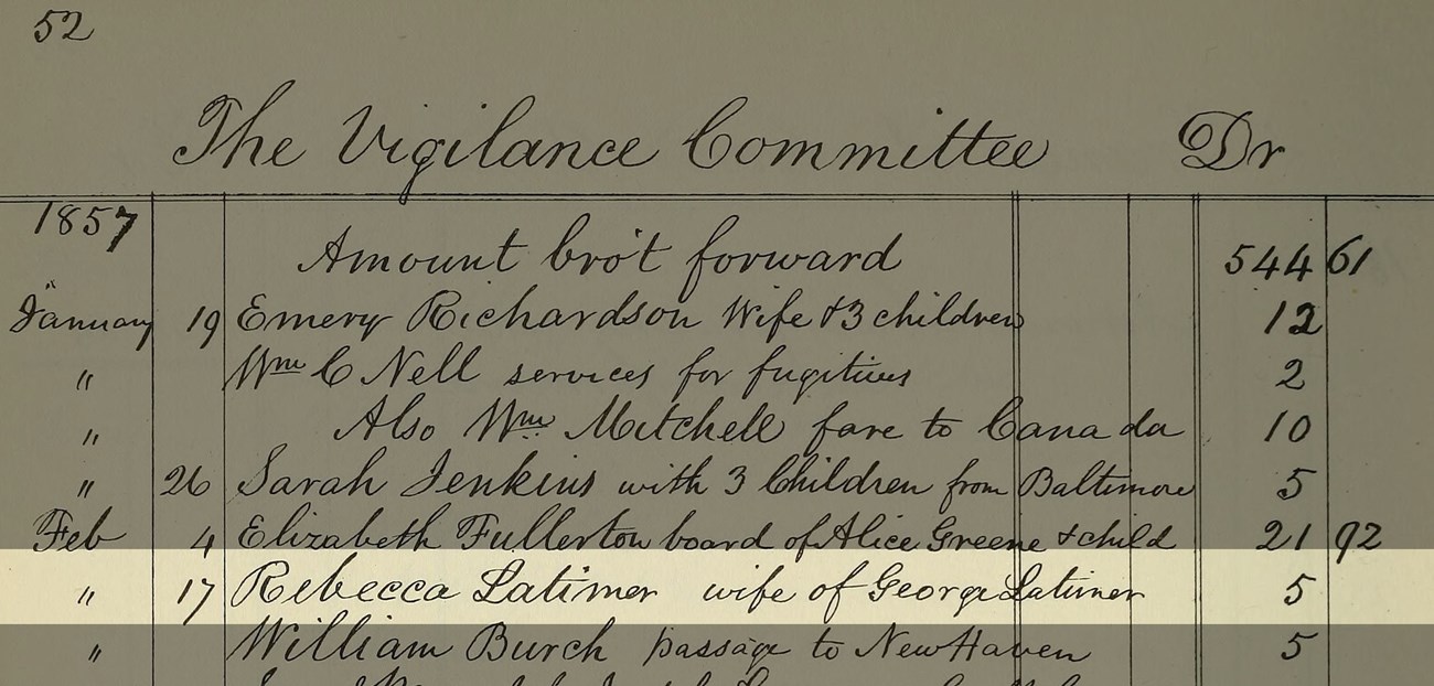 Close up on a Vigilance Committee record page. Highlighted is the date and payment to Rebecca Latimer, amongst other entries