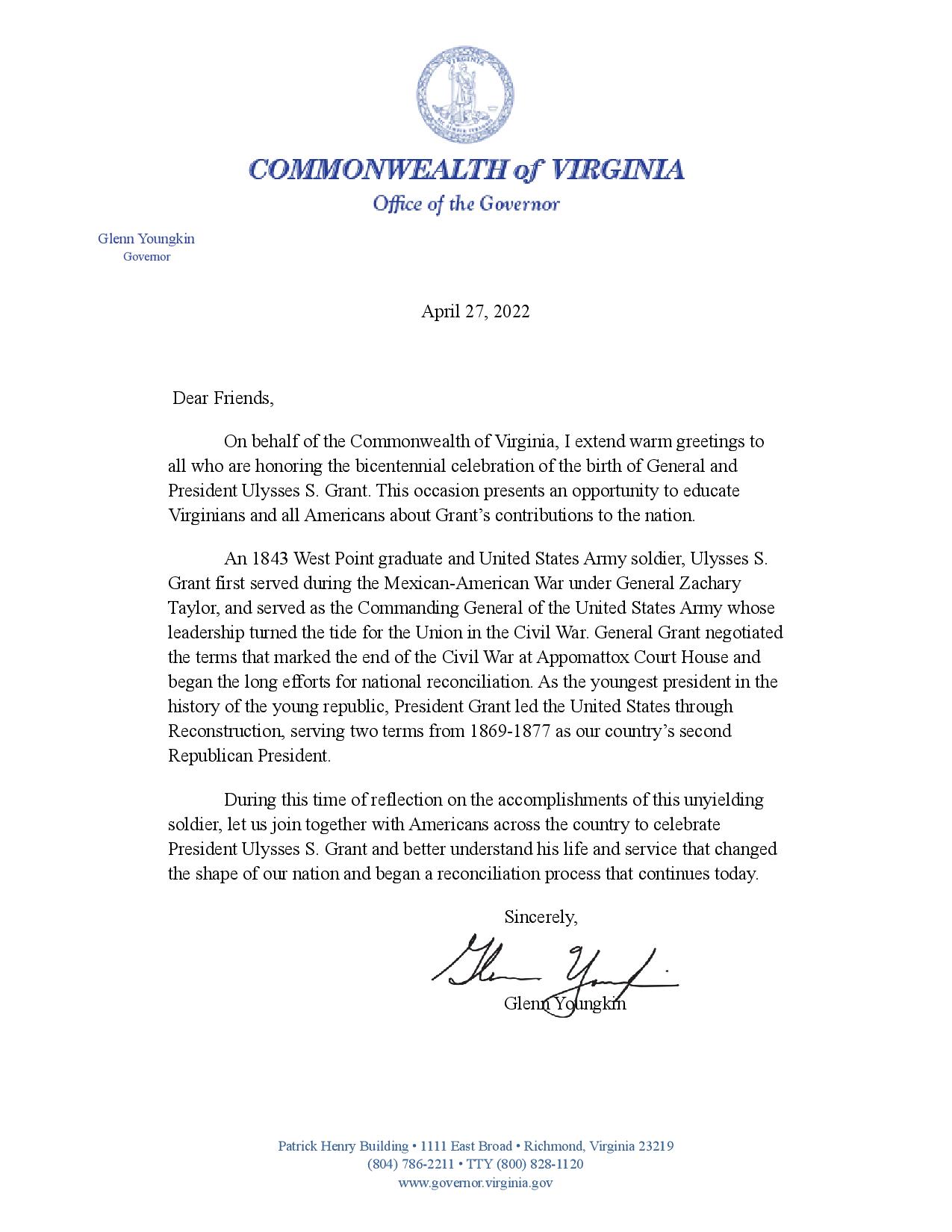Proclamation from Virginia celebrating Grant's 200th birthday. The seal of Virginia is centered in blue at the center top of the page.