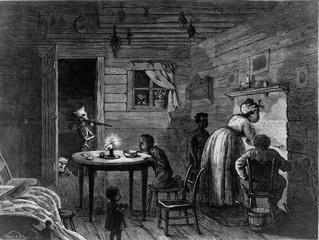 Visit of the Ku-Klux - Frank Bellew 1872 Man with white hood breaks into house and points gun at African American family. Text reads "Visit of the Ku-Klux."