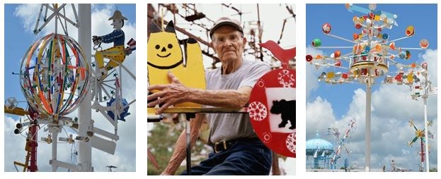 Three images in a row two outdoor art display center man sitting with art display yellow cat and red ornament.