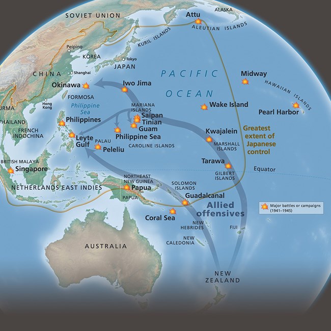 View of the globe centered over the Pacific Ocean. Hawaii is on the right, Australia is at the bottom left, and Japan is on the upper left. Battle locations are marked and two broad arrows show path of Allied campaigns.