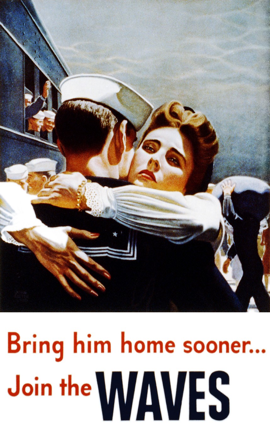 lt= A woman hugging a male sailor. Her face is sad.