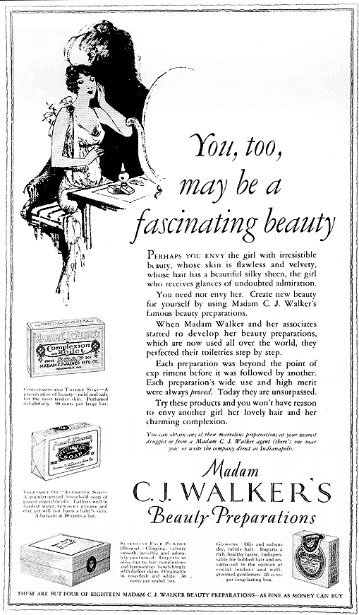 Newspaper ad for Madame C. J. Walker products with text and illustrations