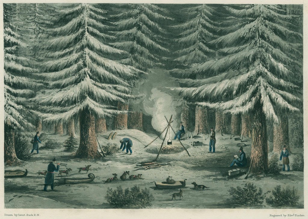 Winter in the pines A painting of snow-covered pines with people and dogs around a cooking fire.