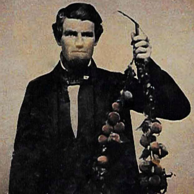 Whiskeytown's orchard in the Tower House District dates back to pioneer times. A black and white image of a man holding a branch full of apples.