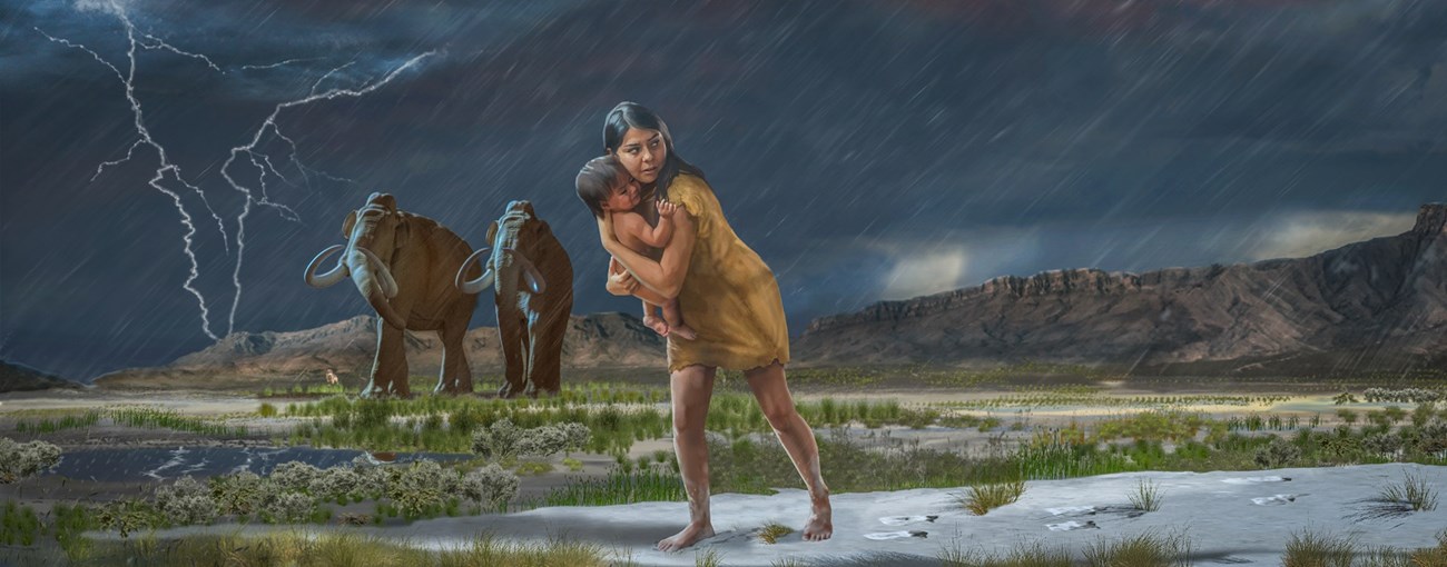 Illustration of a woman carrying a child over sand in a thunderstorm