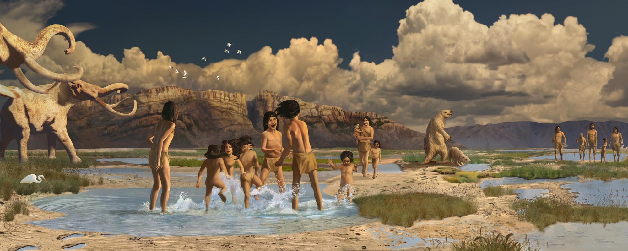 painting of family in shallow sandy stream