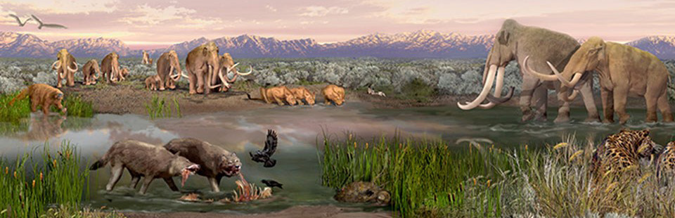 Painting depciting animal life along the shores of an ancient lake