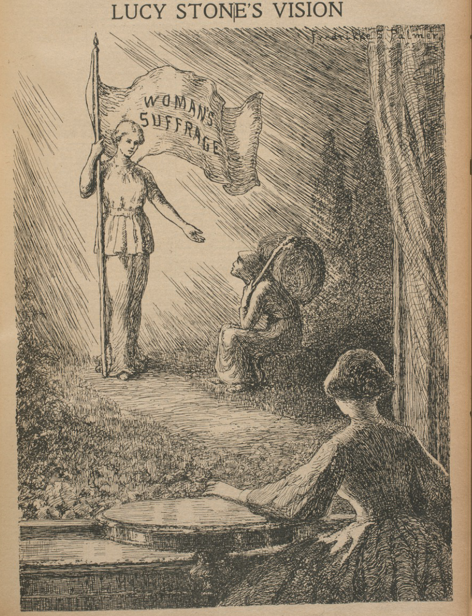 a woman looking through a window onto a scene of a woman in a spotlight holding a "woman's suffrage flag" holding her hand out to a crouched woman in the darkness.
