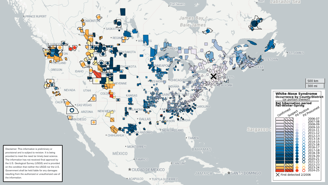 A variety of figures and colors on a map of the North America show where and when white-nose syndrome spread.