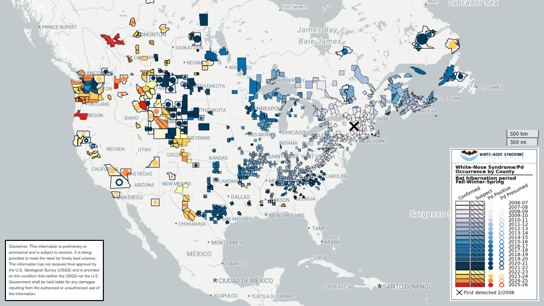 Map of spread of white-nose syndrome across North America; see alt text below.