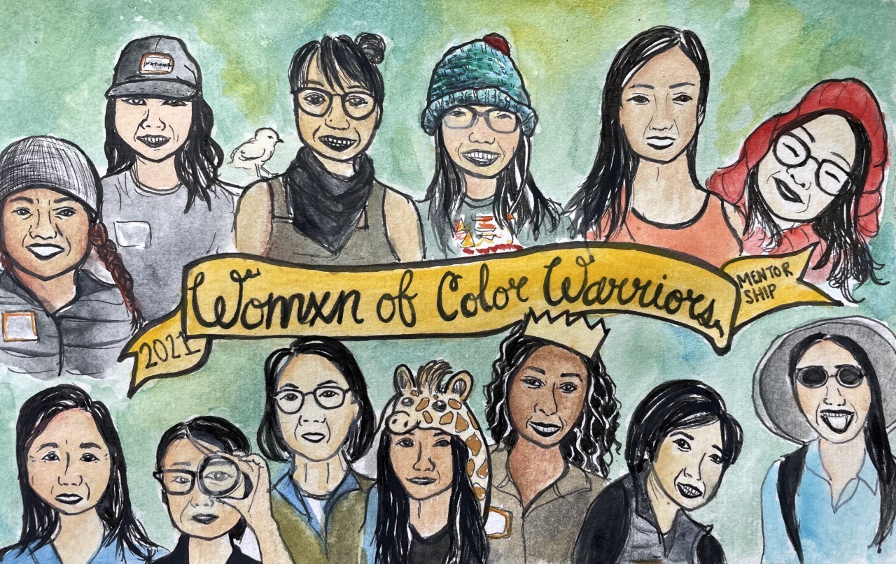Womxn of Color Warriors Lively watercolor bringing to life 13 womxn around a banner reading "2021 Womxn of Color Warriors Mentorship".