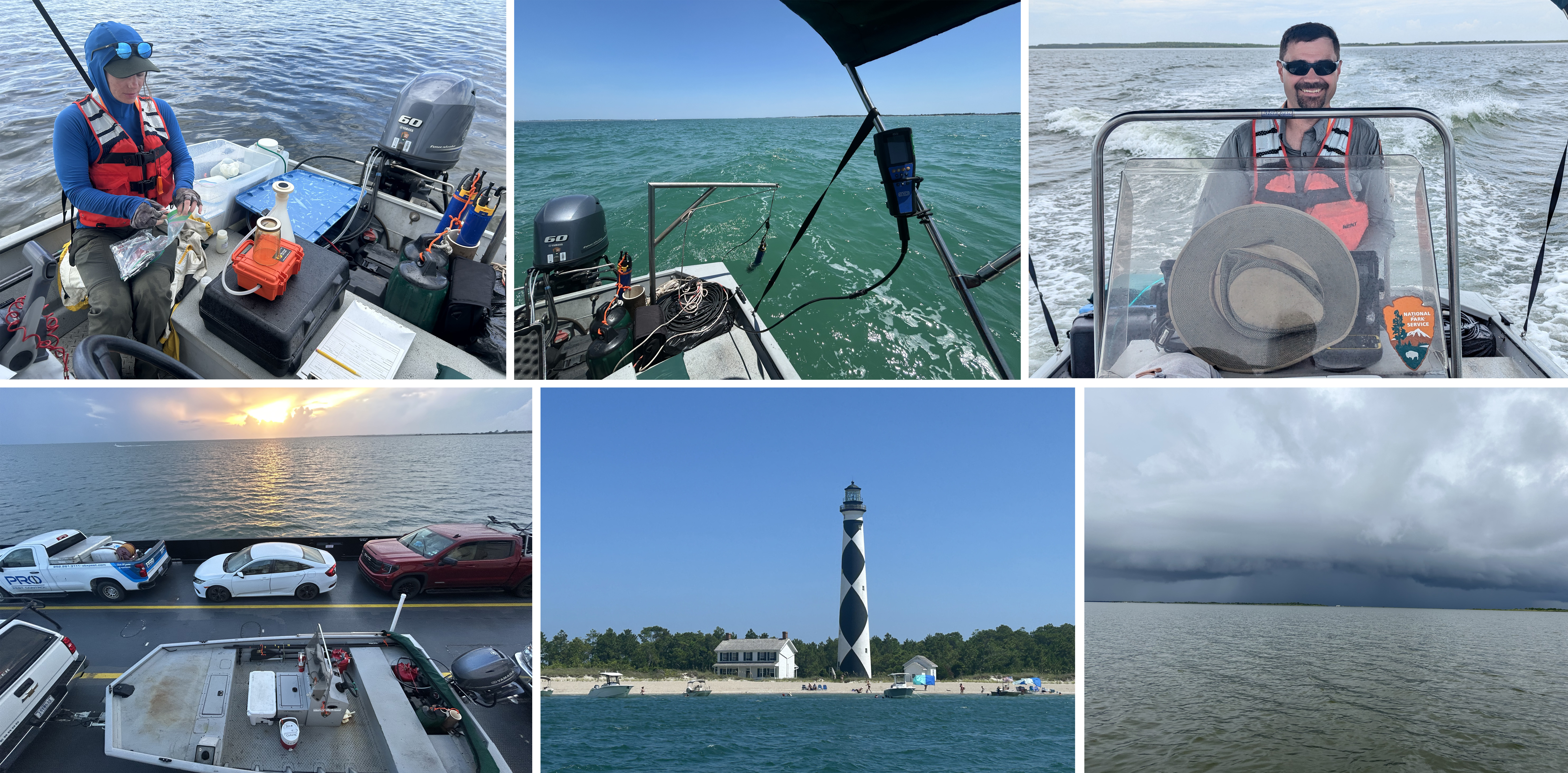 Photos showing work on a boat and the surrounding waters