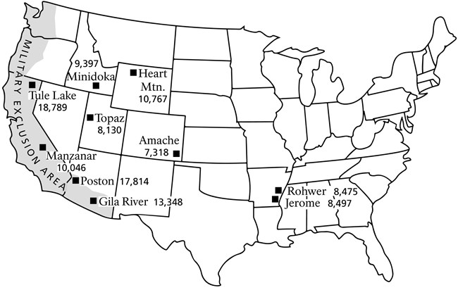 image of US with states outlined and locations of Japanese American confinement sites labeled