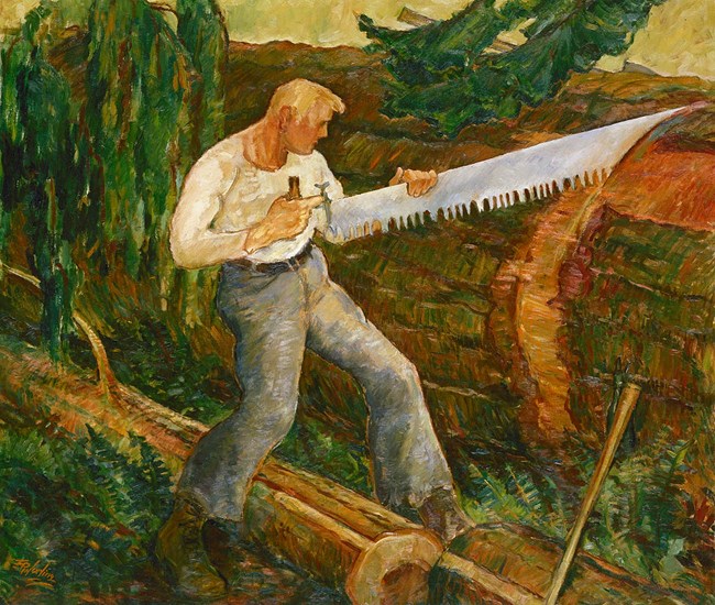 A brightly colored painting. A blond, muscular white man is using a large saw to cut a log that is as wide as he is tall. He is wearing a white shirt, jeans, and boots. Lush foliage surrounds him.