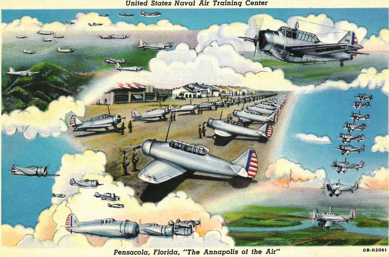 WWII era postcard showing navy planes flying and also on the tarmac