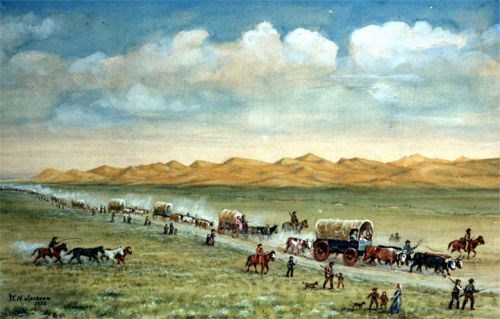 Sand Hills of the Platte River A watercolor painting of oxen-drawn wagons and rolling sandhills.