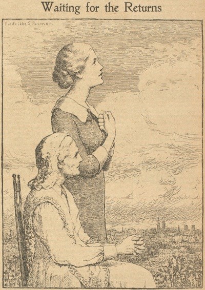 WaitingforReturns-WJvol46no44-30Oct1915 two women -- one elder woman sitting and one younger woman standing -- both looking out hopefully