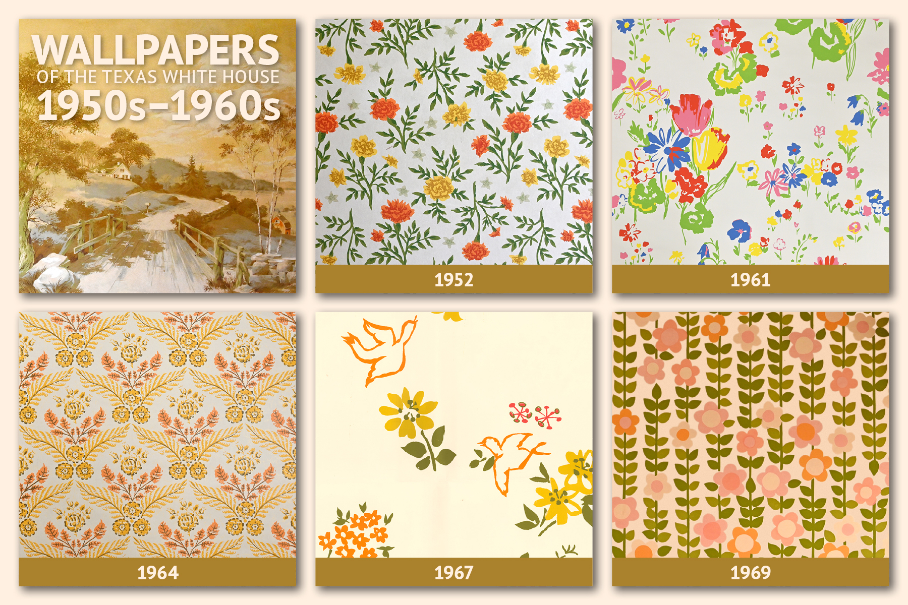 Six blocks of very colorful wallpaper dating from 1952 to 1969.