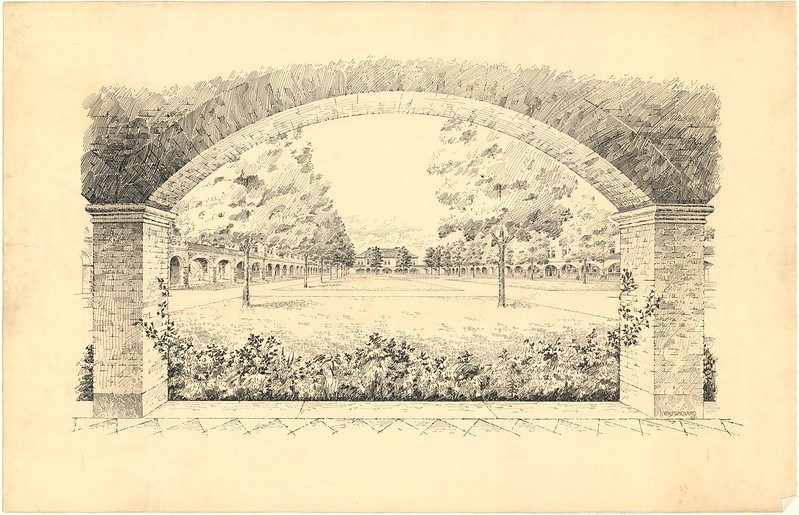 Washington University Pencil sketch of view through brick archway to lawn in front of a building