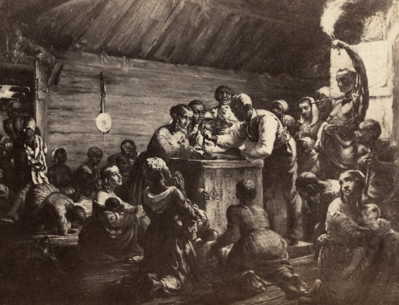 Watch Meeting - LOC A printed illustration of a huddled group of Black Americans in a small room with candlelight.