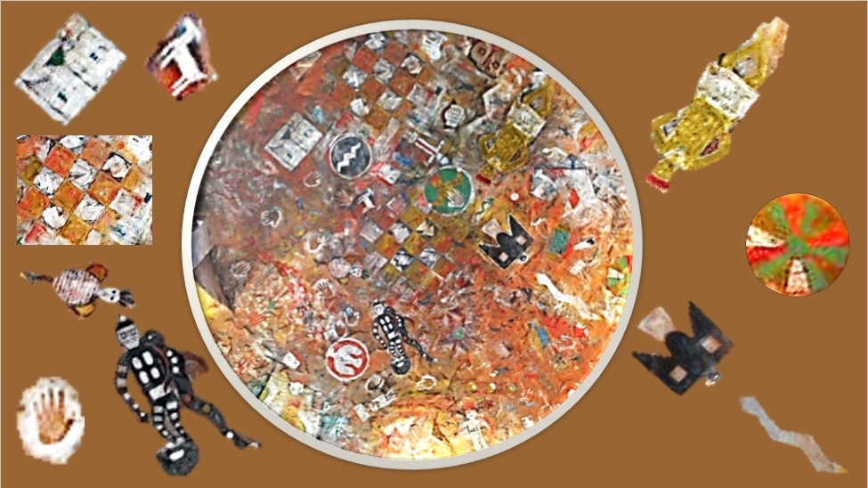Rock art paintings from a ceiling mural in the Desert View Watchtower at Grand Canyon National Park. In the center, a circular ceiling mural with a collection of colorful rock art designs from Ancestral Puebloan archaeology sites. Several designs are enlarged outside the circle.