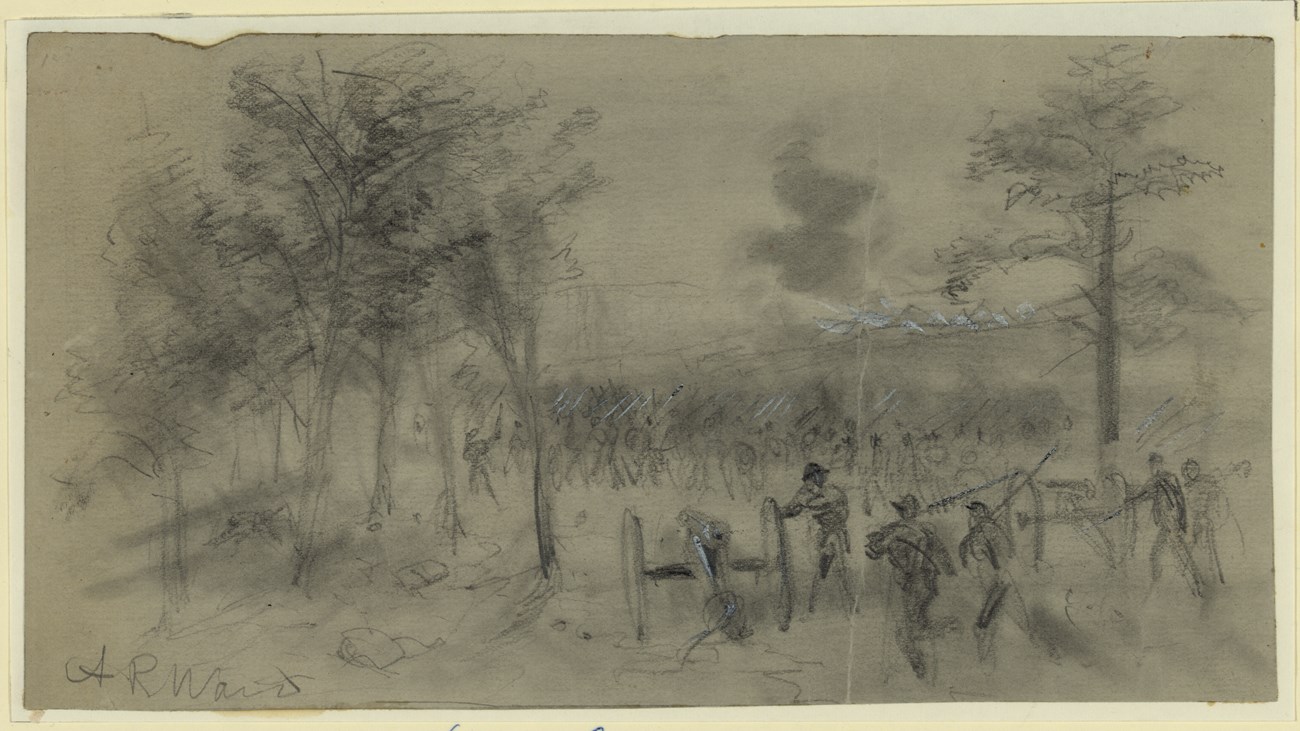 Pencil sketch of soldiers in a wooded area during a battle. Trees frame the chaotic scene, with soldiers lined up in front of two cannons.