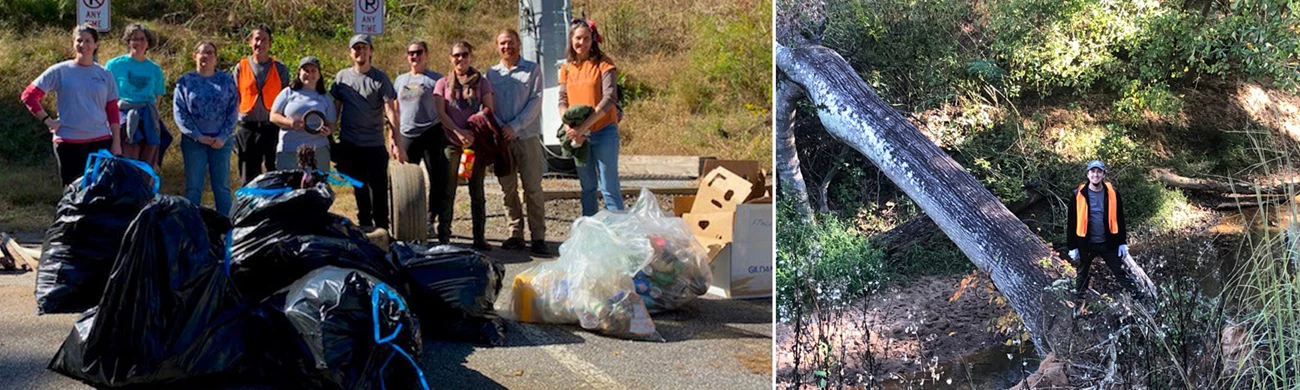Community Service from SECN Group of people standing behind bags of trash and a man standing on a tree over a river.