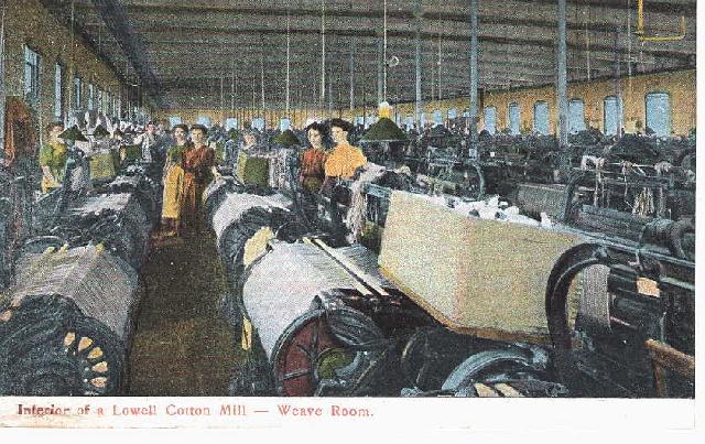 Postcard of weave room in a Lowell cotton mill