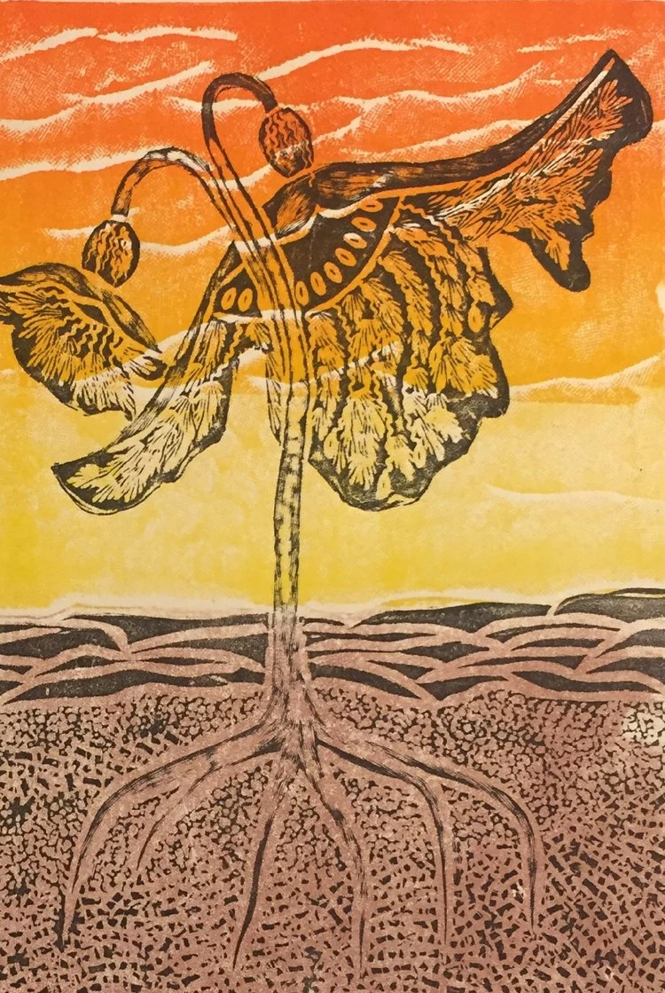 Weaver-SunsetGhost-2 A relief print of a large flower growing from barren earth against the sunset.