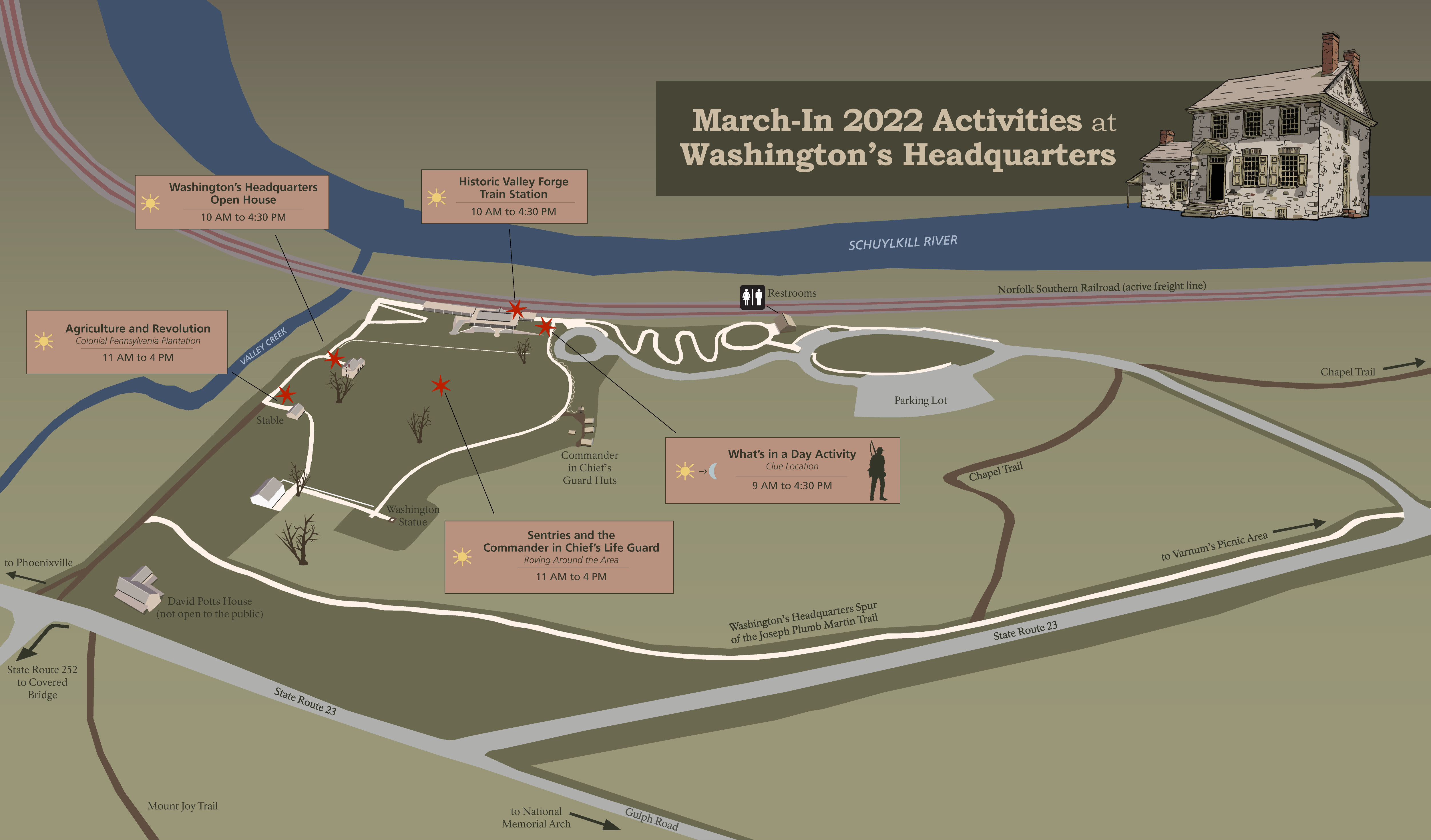 March-In 2022 Activities at Washington's Headquarters illustrated map graphic showing roads, paths, buildings, and activity locations