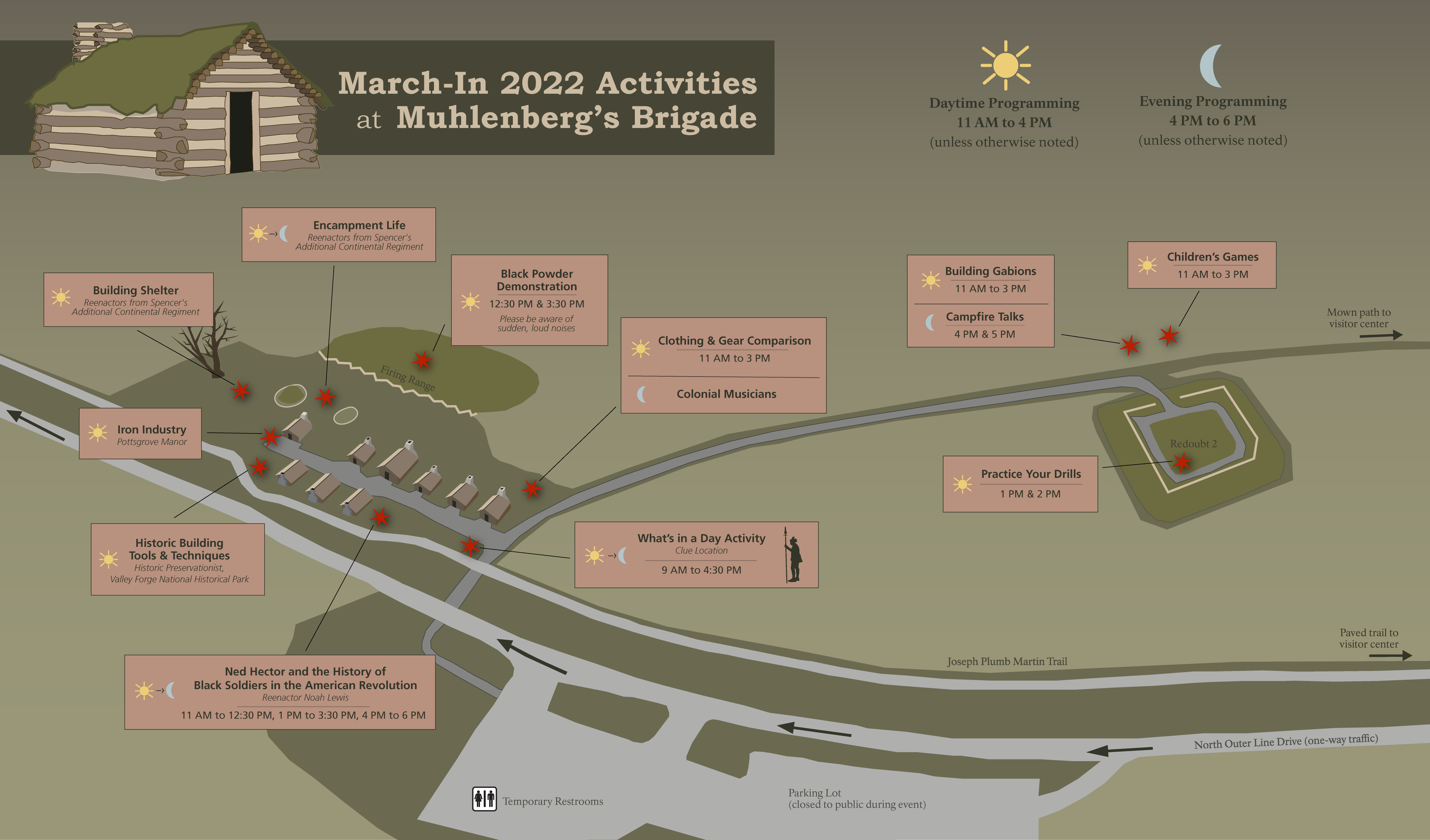 March-In Activities at Muhlenberg's Brigade illustrated map graphic showing log huts, road, paths, parking lots and activity locations